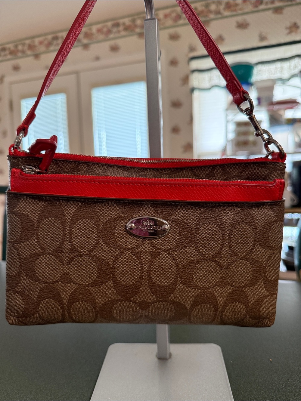 Coach Brown Signature Mini Bag with Red Trim